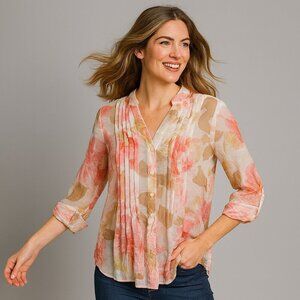 Ruby Rd Petite Small White Pink Floral Pleated Sheer Button Blouse Romantic Prep